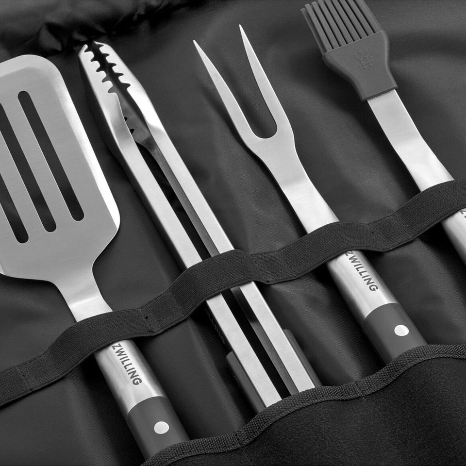 Conjunto de utensilios 5 peças garfo, pincel, espatula e pegador em aço inoxidável com mala Zwilling BBQ